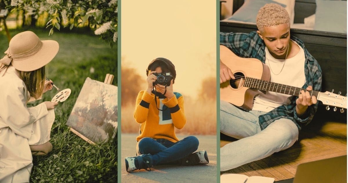 gifts for creative teens to spark their imagination. a teen girl painting on canvas, sitting in the grass, a teen boy taking photos on a road, a teen boy playing guitar in his room.